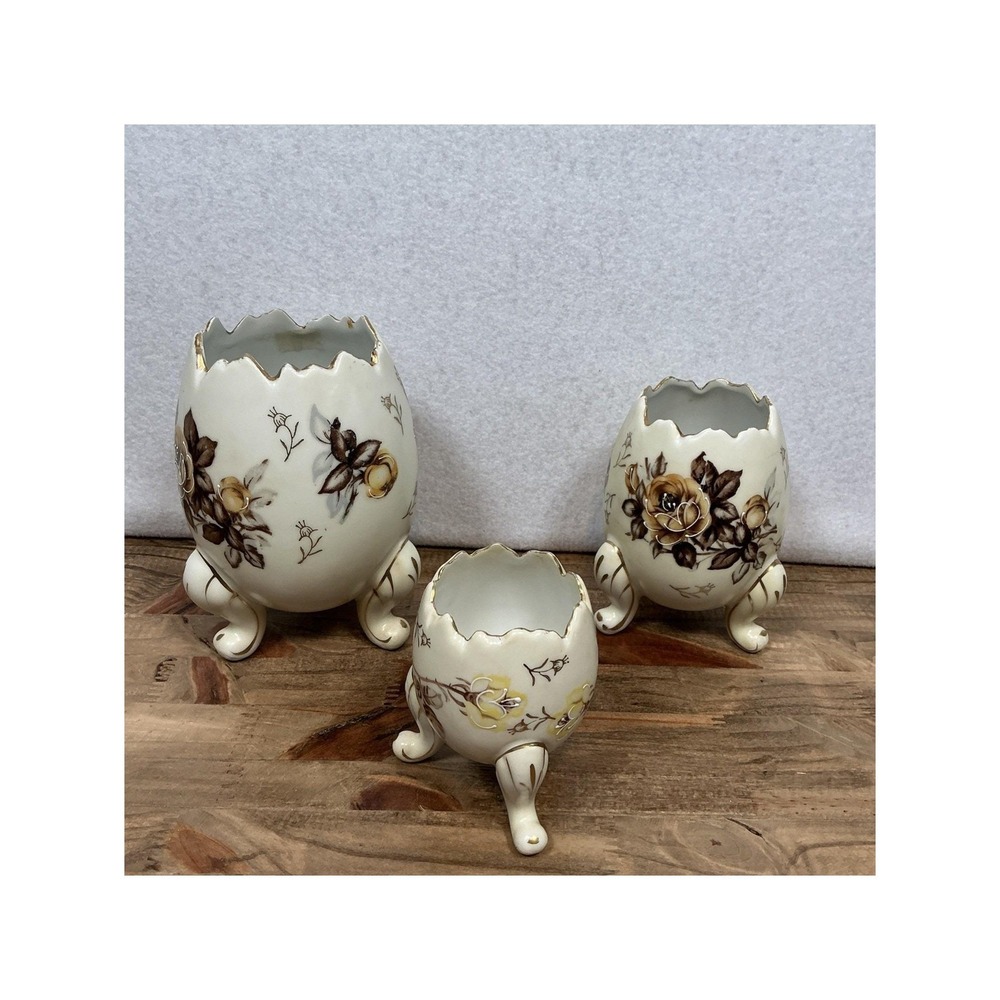 Vintage Napcoware Set of 3 Floral Egg Footed Vases C3199 Gold Trim Cracked Shell
